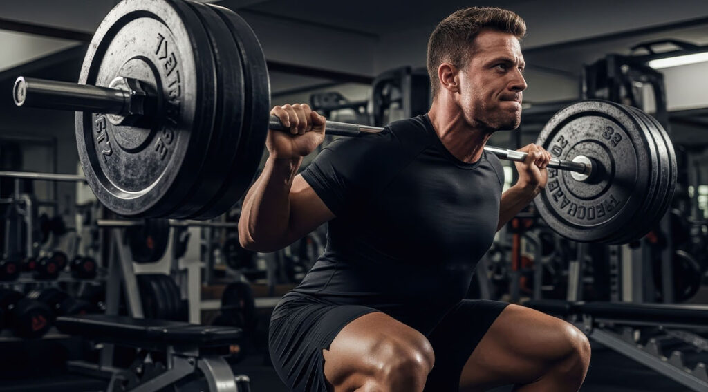Absolute best Squat Intensity for Muscle Expansion: This is Upload Larger Dimension to Your Legs muscular fit athletic man performing a deep squat depth at the gym to build lower body muscles.jpg