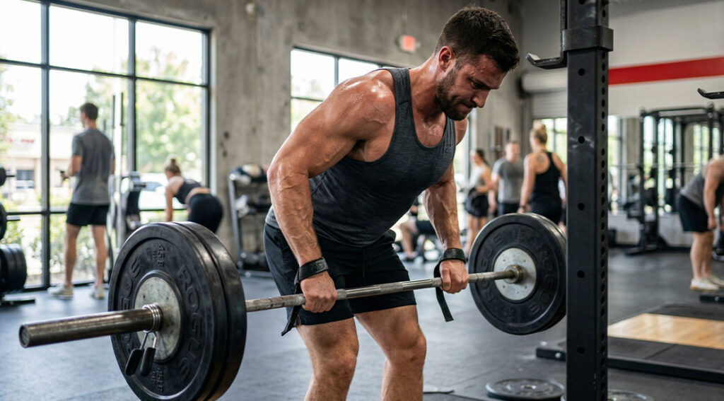 athletic muscular man performing a strength based drop set using a dumbbell row.jpg