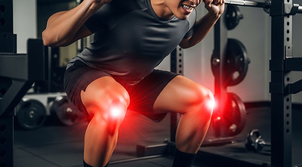 fit athletic man performing a barbell back squat with knee pain.jpg