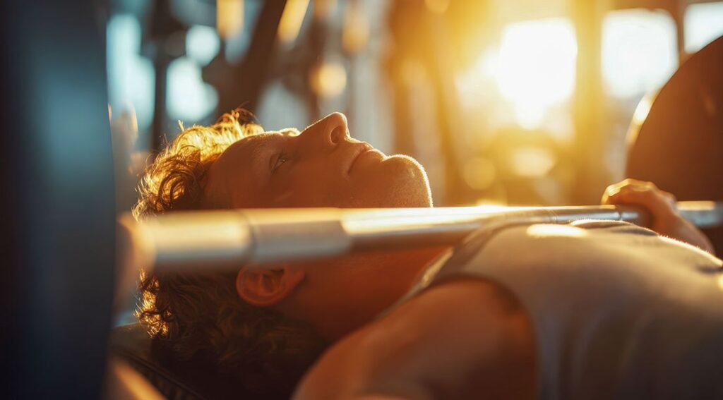 fitness beginner performing a bench press in the sunlight.jpg